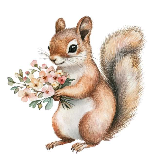 squirrel holding flowers fabric panel