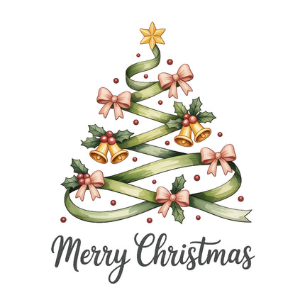 Decorative Christmas tree made of ribbons with bows and bells featuring Merry Christmas fabric panel