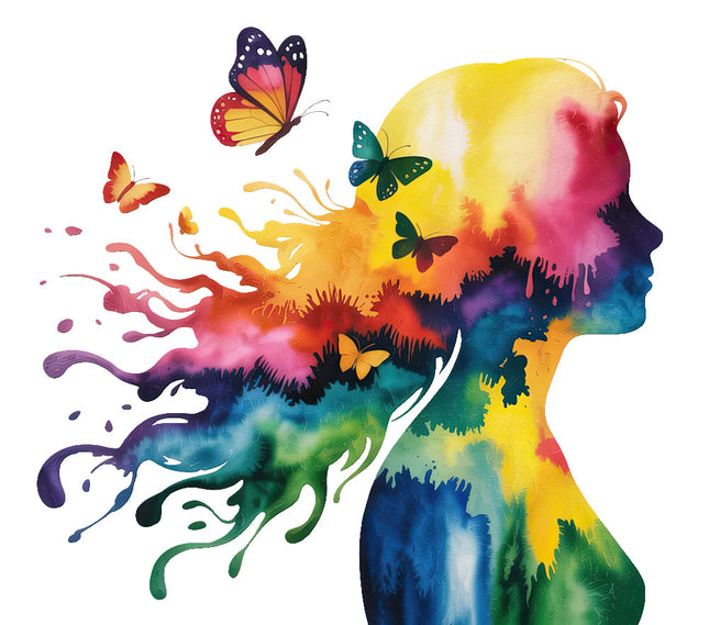 person with butterflies and artistic paint splashes fabric panel