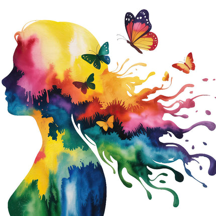 Colorful silhouette of a person with butterflies and paint splashes fabric panel