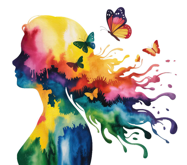 Colorful silhouette of a person with butterflies and paint splashes fabric panel