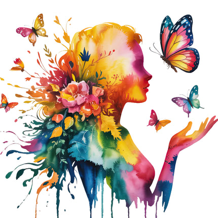 woman's silhouette with flowers and butterflies fabric panel