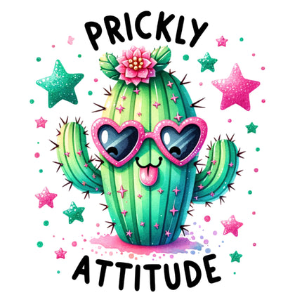 Cartoon cactus with heart-shaped sunglasses and flowers, surrounded by stars fabric panel