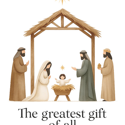 Nativity scene with three wise men and baby Jesus, featuring the text 'The greatest gift of all' and Matthew 1:21 reference fabric panel
