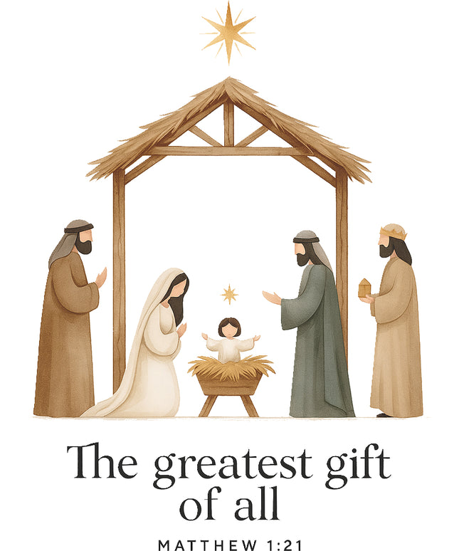 Nativity scene with three wise men and baby Jesus, featuring the text 'The greatest gift of all' and Matthew 1:21 reference fabric panel