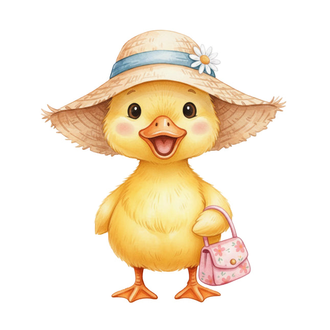yellow duckling wearing a straw hat quilt block