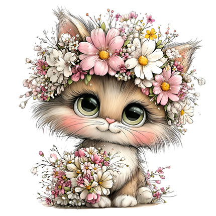 cat with floral headband quilt block