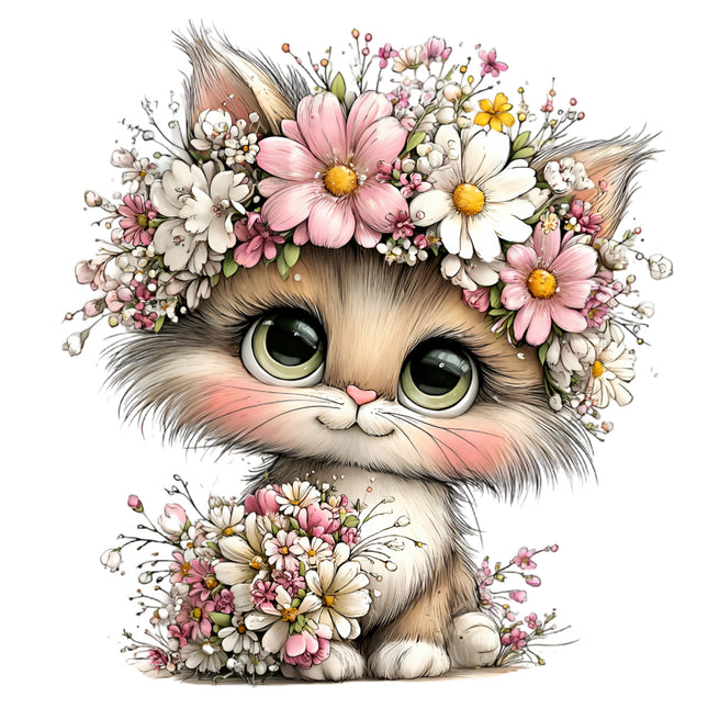 cat with floral headband quilt block