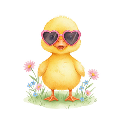 Yellow duckling wearing pink heart-shaped sunglasses among flowers quilt block