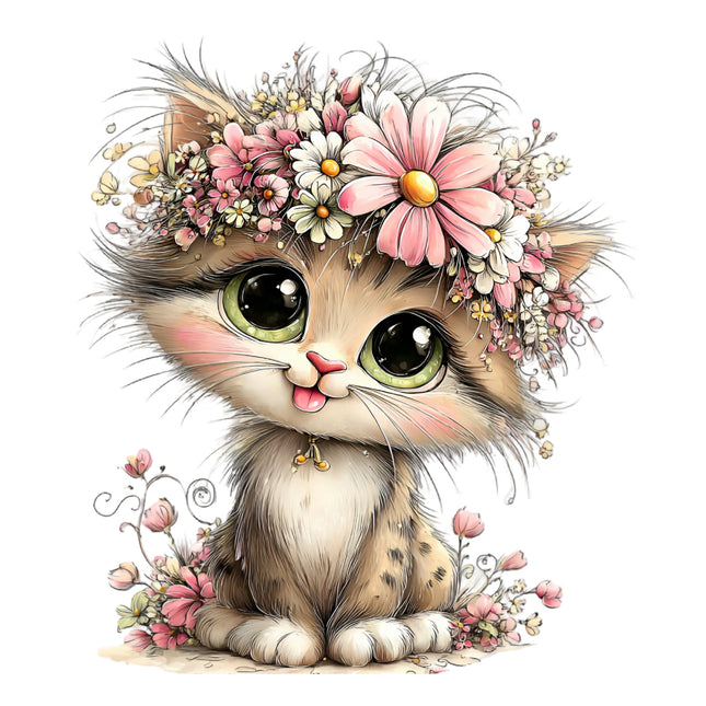 cat with floral headband quilt block