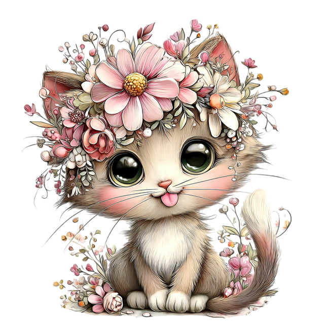 cat with floral headband quilt block