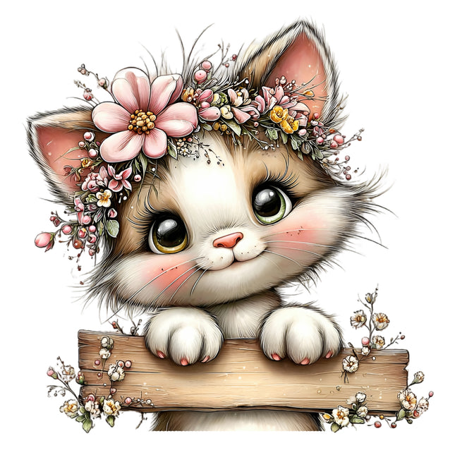 cat with floral headband quilt block