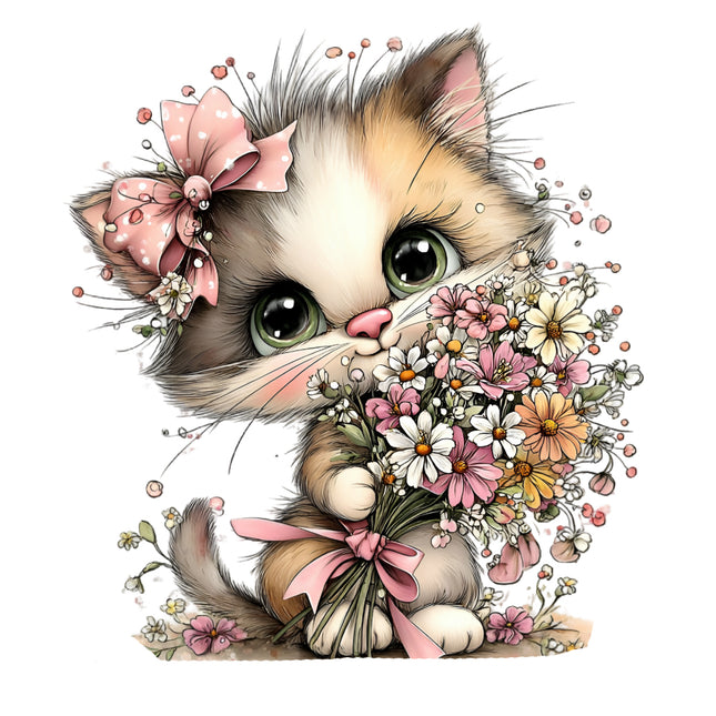 cat with floral headband quilt block