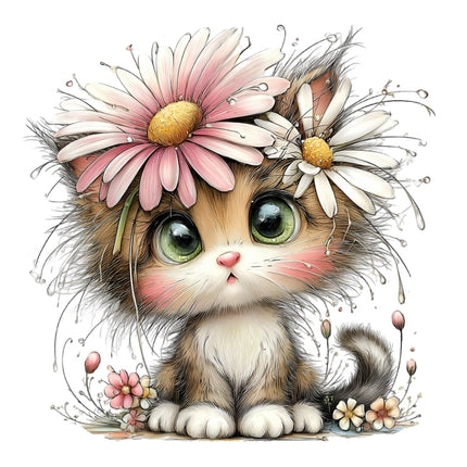 cat with floral headband quilt block
