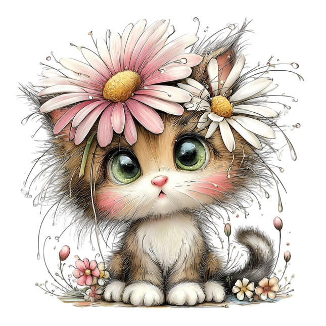 cat with floral headband quilt block