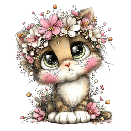 cat with floral headband quilt block