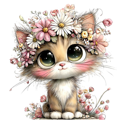 cat with floral headband quilt block