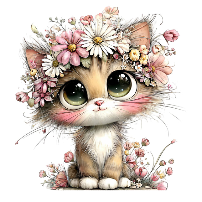 cat with floral headband quilt block