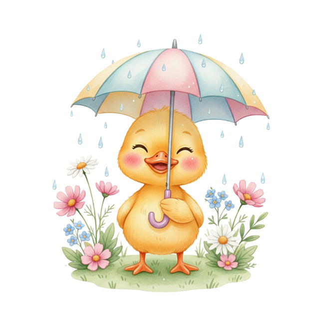 Cartoon duck holding a colorful umbrella with flowers quilt block