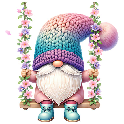 Colorful gnome with a pink, blue, and purple hat quilt block