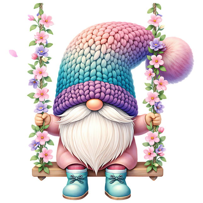 Colorful gnome with a pink, blue, and purple hat quilt block