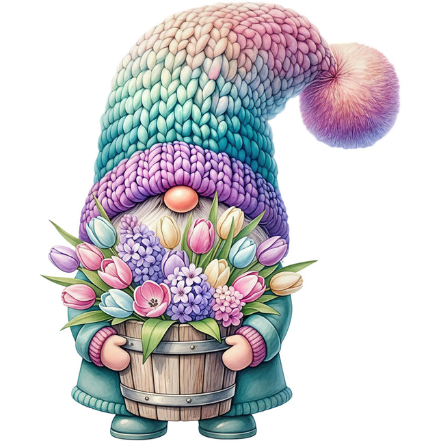 Colorful gnome holding a basket of flowers quilt block