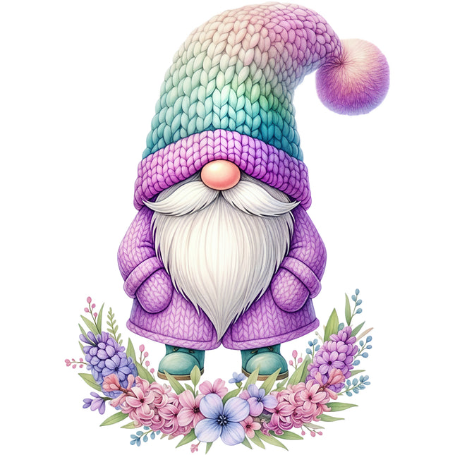 Colorful gnome with a knitted hat surrounded by flowers quilt block