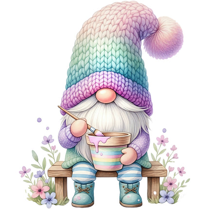Colorful gnome with a rainbow hat sitting on a bench quilt block