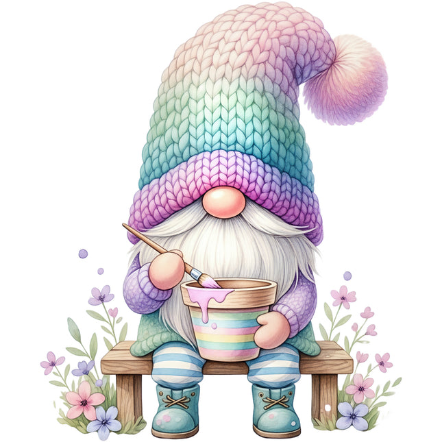 Colorful gnome with a rainbow hat sitting on a bench quilt block
