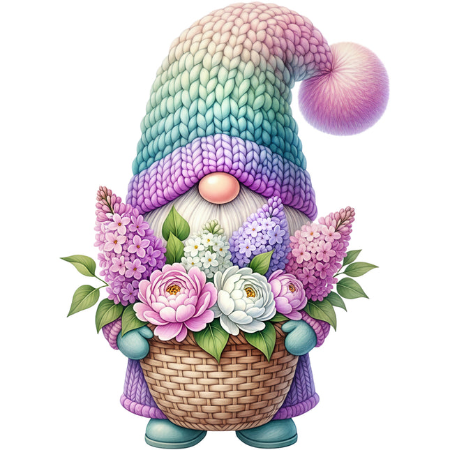 Colorful gnome with a basket of flowers fabric panel