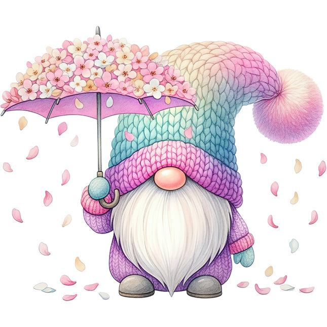 Colorful gnome with a flower umbrella and colorful hat fabric panel