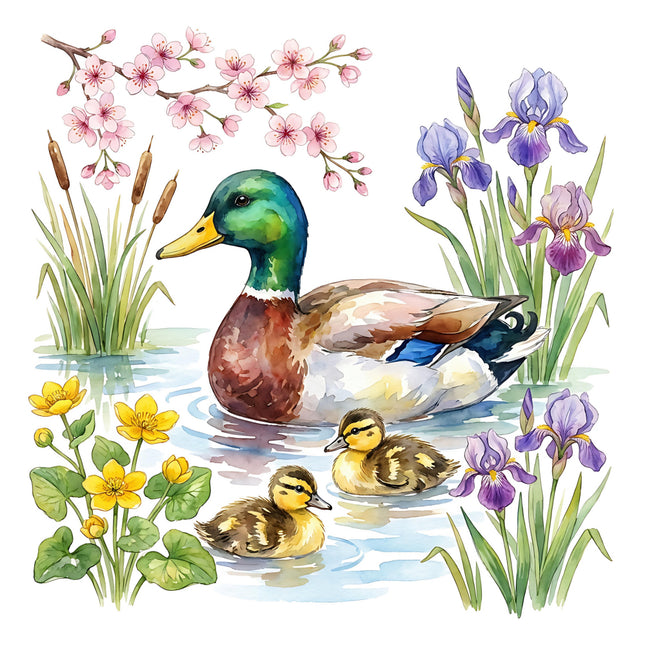 duck and two ducklings in water with flowers and plants fabric panel