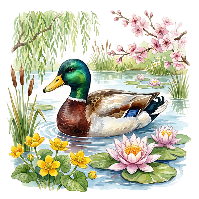 duck swimming in a pond fabric panel