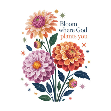Colorful flowers with the quote 'Bloom where God plants you' fabric panel