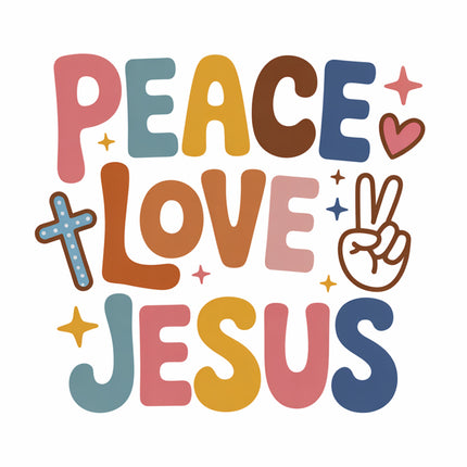 Colorful text 'PEACE LOVE JESUS' with peace sign and hearts fabric panel