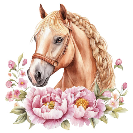 horse with a braided mane surrounded by pink flowers fabric panel