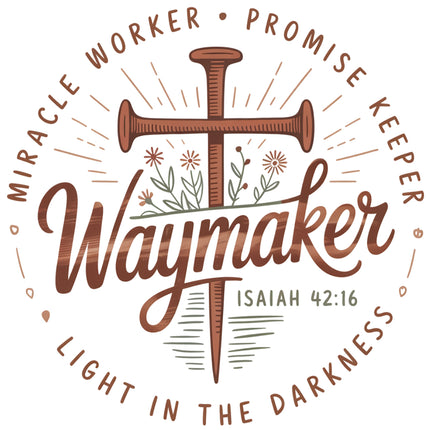 Logo with cross, flowers, and text 'Waymaker' and 'Isaiah 42:16' fabric panel
