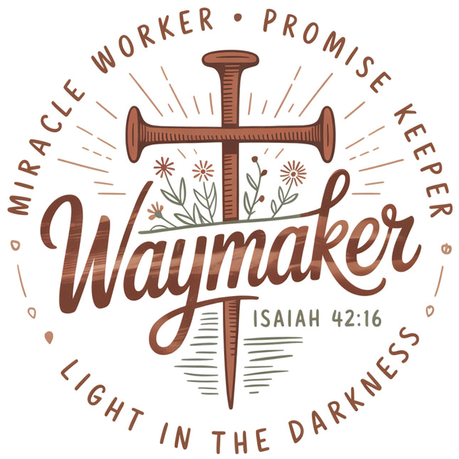 Logo with cross, flowers, and text 'Waymaker' and 'Isaiah 42:16' fabric panel