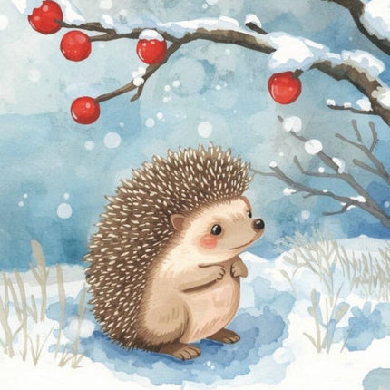 Hedgehog under a snow-covered tree with red berries fabric panel