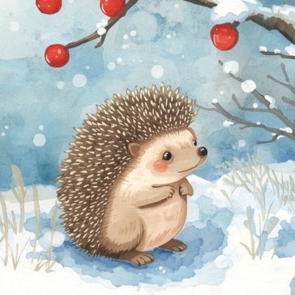 Hedgehog under a snow-covered tree with red berries fabric panel