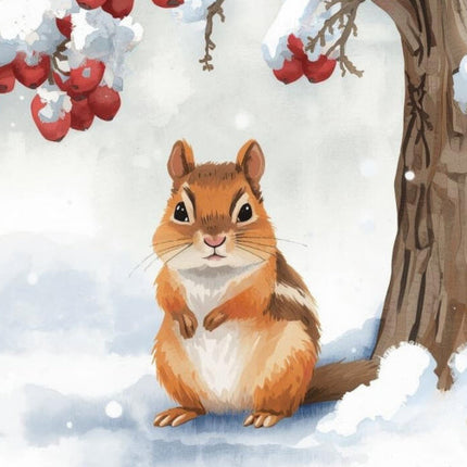 Squirrel in a snowy scene with red berries fabric panel