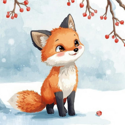 Cartoon fox in a snowy scene with snow-covered branches and red berries fabric panel