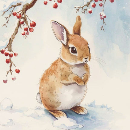 rabbit sitting under a snow-covered branch with red berries fabric panel