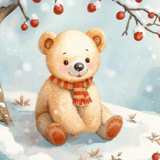 Teddy bear in a snowy scene with a tree and berries fabric panel