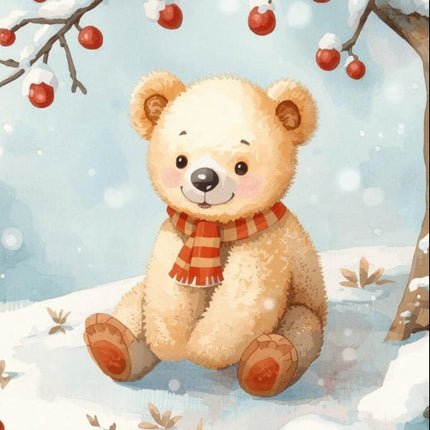 Teddy bear in a snowy scene quilt block