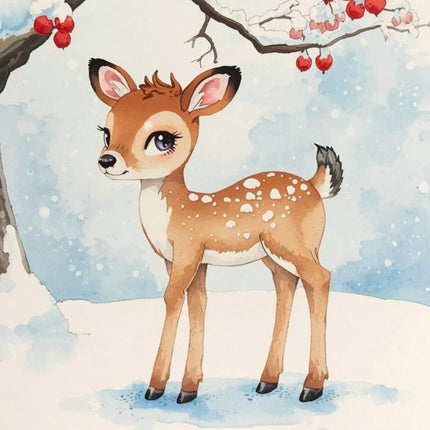 Deer standing in a snowy landscape with red berries on branches fabric panel
