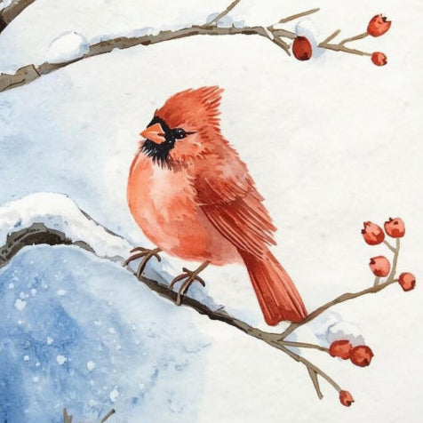 Red cardinal bird perched on a snow-covered branch with berries against a blue sky fabric panel