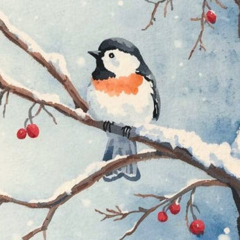 Bird perched on a snow-covered branch with red berries quilt block