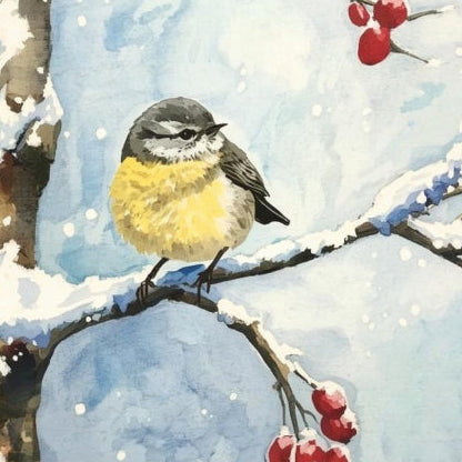 Bird perched on a snowy branch with red berries in a winter scene fabric panel