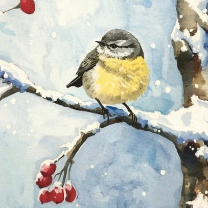 Bird perched on a snowy branch quilt block